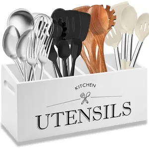Kitchen Utensil Holder with 4 Compartments Wooden Utensil Organizer for Countertop Ideal for Storage and Organization Rustic Cooking Utensil Kitchen Tool White