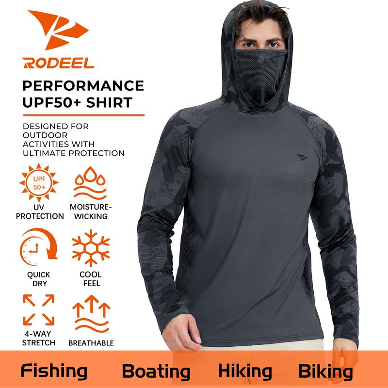 RODEEL 915 Sun Hoodie Shirts with Mask Neck Gaiter Men UPF 50+ UV Protection Raglan Long Sleeve Lightweight Quick Dry Moisture Wicking Breathable Cooling Athletic Activewear for Outdoor Hiking Fishing Boating Biking Sport Construction Roofing Landscaping