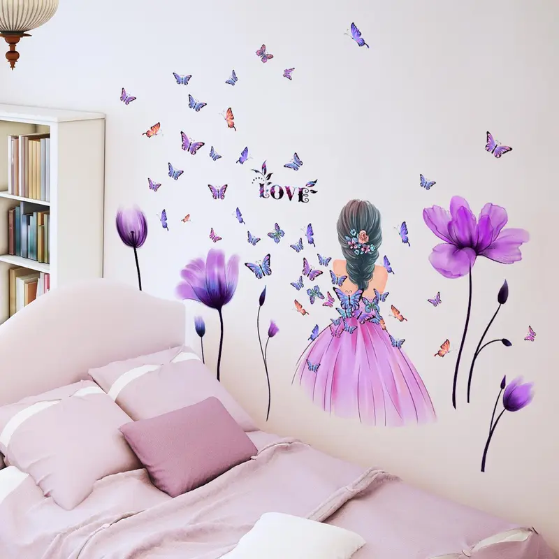Set of 4 Tulip Girl Butterfly Wall Stickers, Bedroom Room Decorations, MS1596, Ca Prop 65 Compliant, No Ca Prop 65 Warning