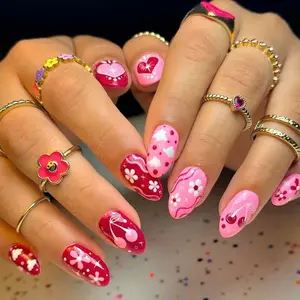 24pcs Y2K Almond Shape Nail Art, Glossy Finish Reusable False Nails, Cute Cherry Design, Medium Length, Sweet Style Fake Tips