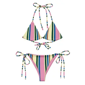 Vertical Stripes Striped Bikini Pink Green and Blue Bikini  Abstract Bikini