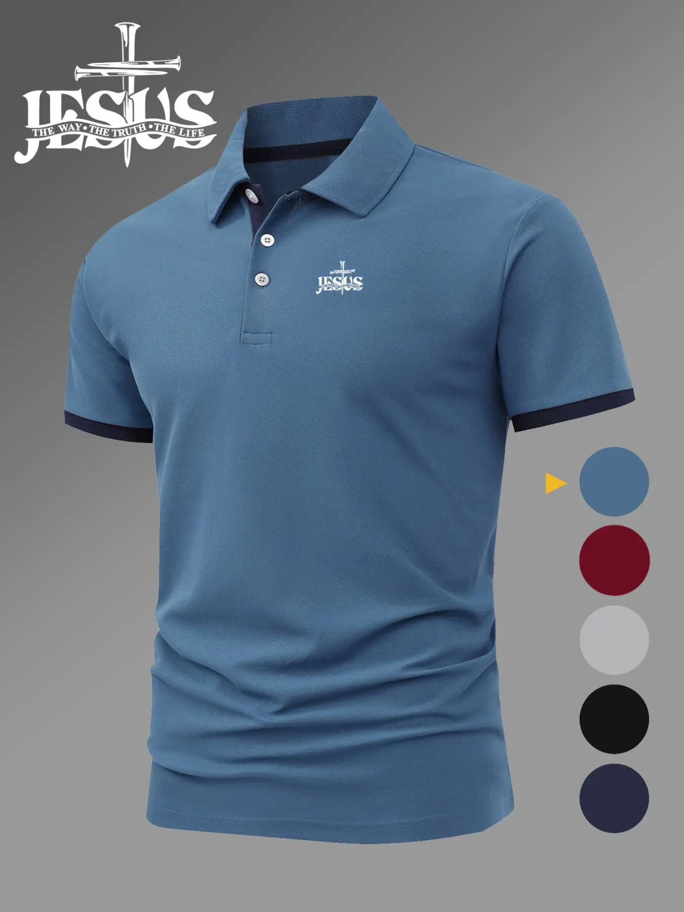 Men's Golf Polo Shirt with Jesus Cross Print, Casual Fitted Geometric Pattern, Breathable Stretch Fabric, All-Season Comfort, Casual Sportswear, Breathable Sports Top, Casual Sports Tops, Collared Golf Polo