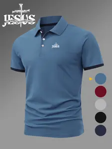 Men's Golf Polo Shirt with Jesus Cross Print, Casual Fitted Geometric Pattern, Breathable Stretch Fabric, All-Season Comfort