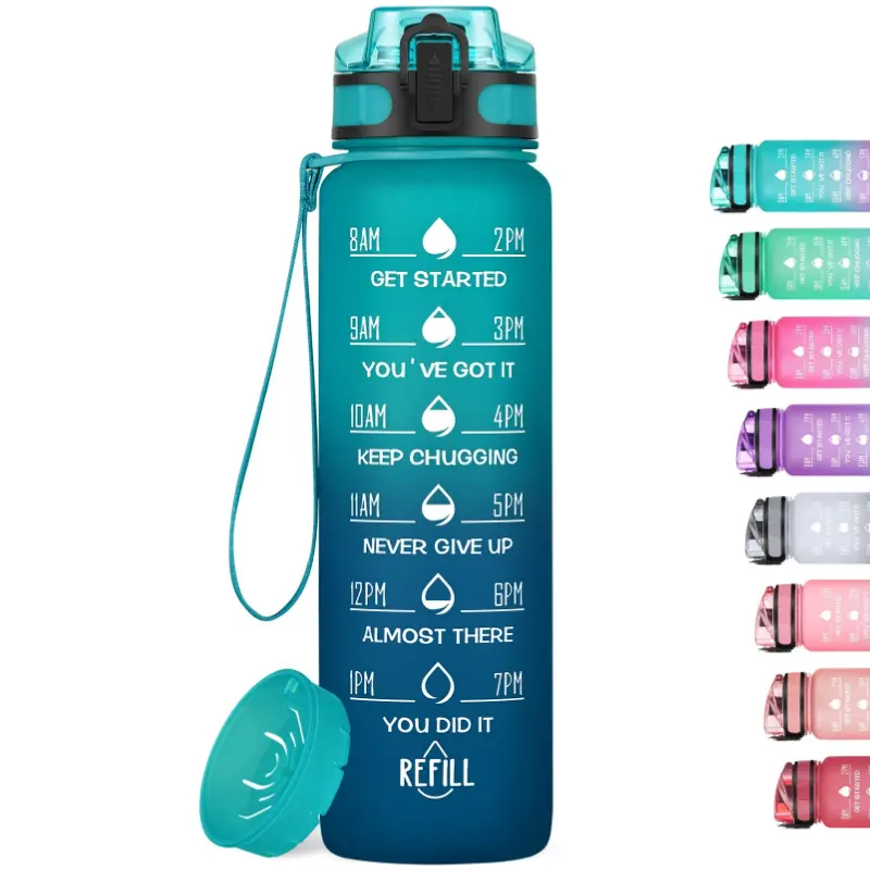 Reusable 1 Litre Water Bottle, BPA-Free Tritan Plastic Sports Bottle, with Filter and Time Marker for Children and Adults, Drinkware Cover #Summervibes