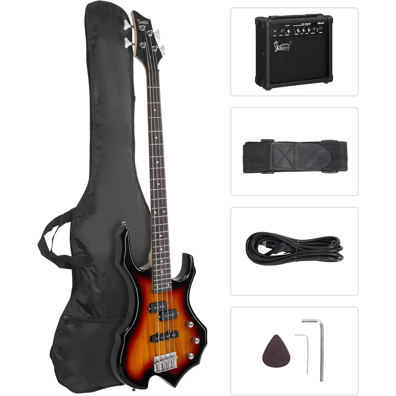 GLARRY 4-String Stylish Electric Bass Guitar - Sunset Burning Fire Style, Single Coil-Split Pickups, Right-Handed for Beginner Adults, w/20W Amp, Bag, Strap, Cord, Rosewood (TikTok Shop Back to School), Stylish Guitar