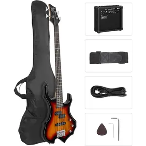 GLARRY Electric Bass Guitar 4 Strings Buring Fire Style Single Coil - Split Single Coil Pickups for Beginner Adults Right Hand w/ 20W Amp, Bag, Strap and Cord (Sunset)
