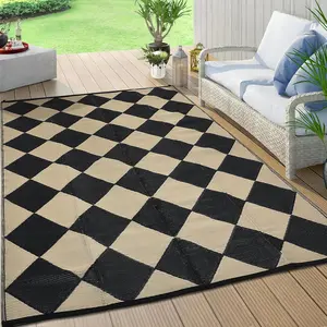 【GARVEE】Outdoor Rug 9x12, Reversible Plastic Straw Mat with Carry Bag, Easy to Clean Checkered Floor Carpet for RV, Patio, Camping, Deck, Picnic(Black/Coffee)