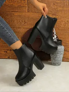 Women's Thick Sole Waterproof Platform Boots, Chunky Heel Zipper Boots, Vintage Spice Girl Height Increasing Shoes, Winter Boots