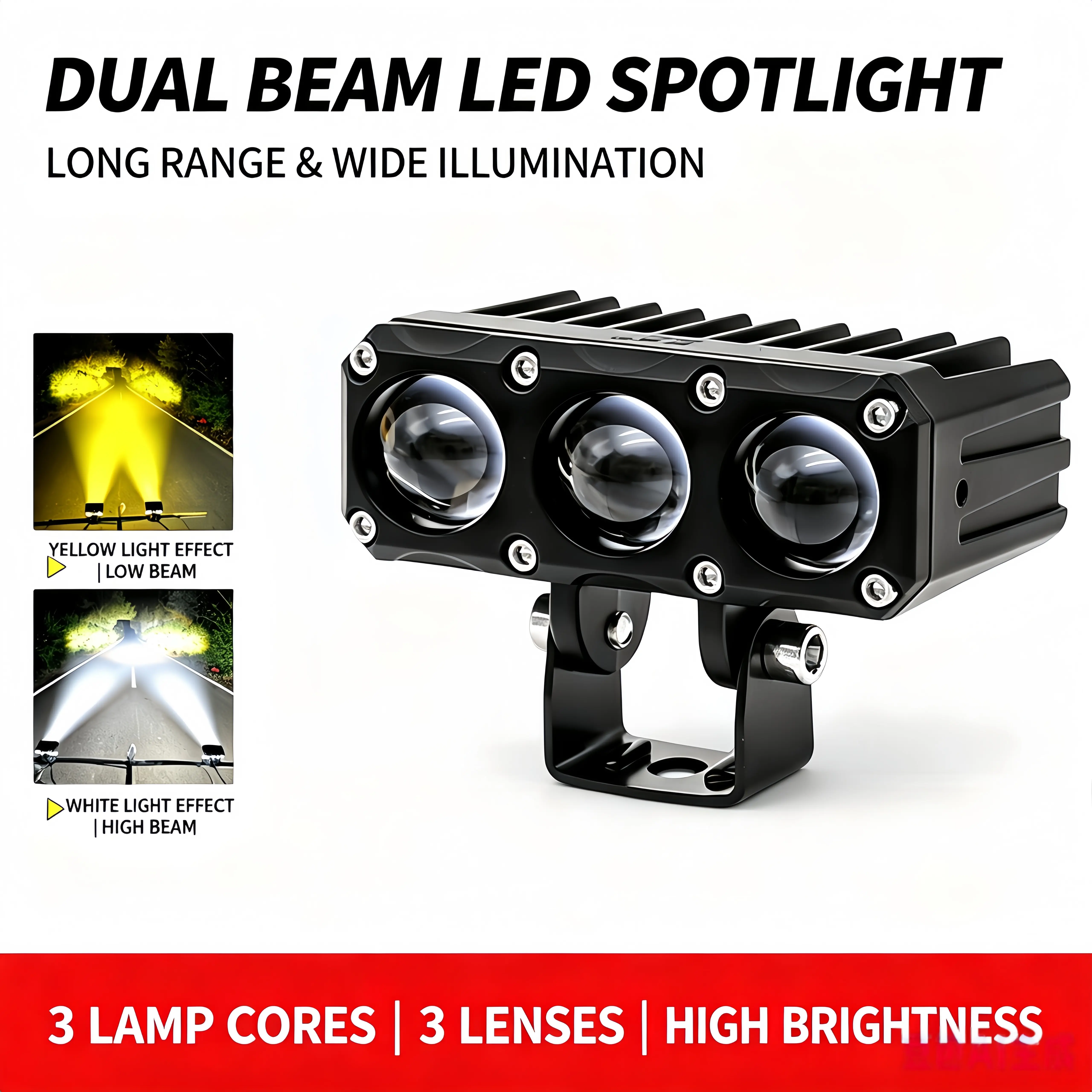3-Lens Dual-Color White & Yellow LED Pod Fog Lights, 12-80V Waterproof Aluminum Fast Heat-Dissipating Off-Road Auxiliary Lights for Motorcycle, Truck with Easy Installation