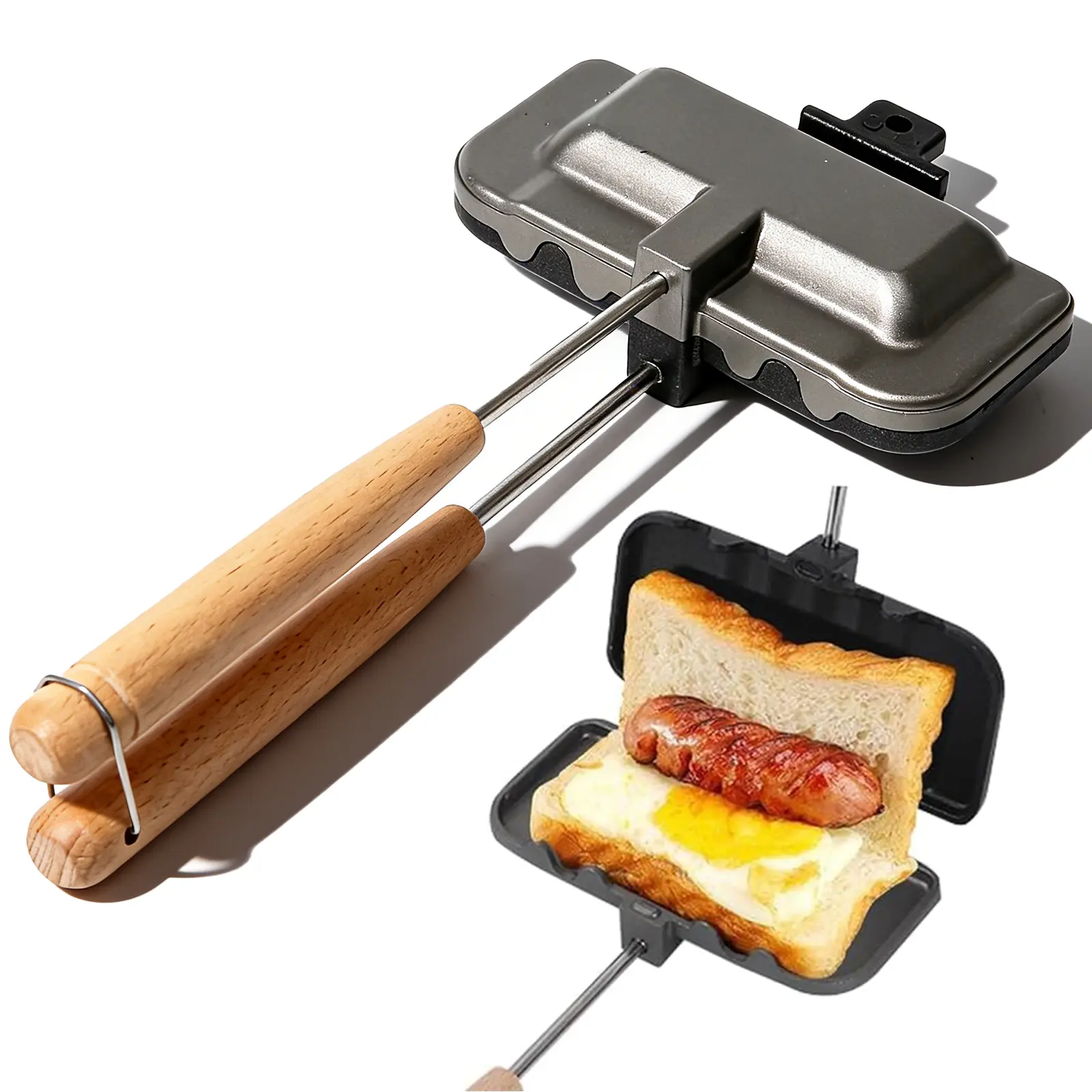 Portable Stove Top Sandwich Maker Double Sided Flip Grill Pan, Non-Stick Cast Iron Panini Press Pan Fits Regular Bread Hot Dog Buns, Multifunctional Breakfast Skillet for Home Outdoor Camping