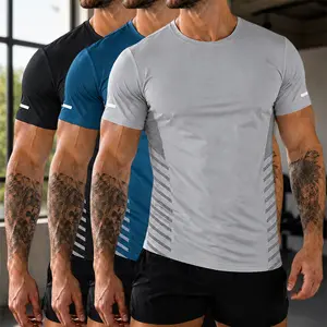 3-pack men’s quick-dry athletic T-shirts with mesh paneling: crew neck, moisture-wicking, slim fit for fitness; short sleeves with side stripes and breathable cutouts—ideal for gym workouts, running, and casual wear.