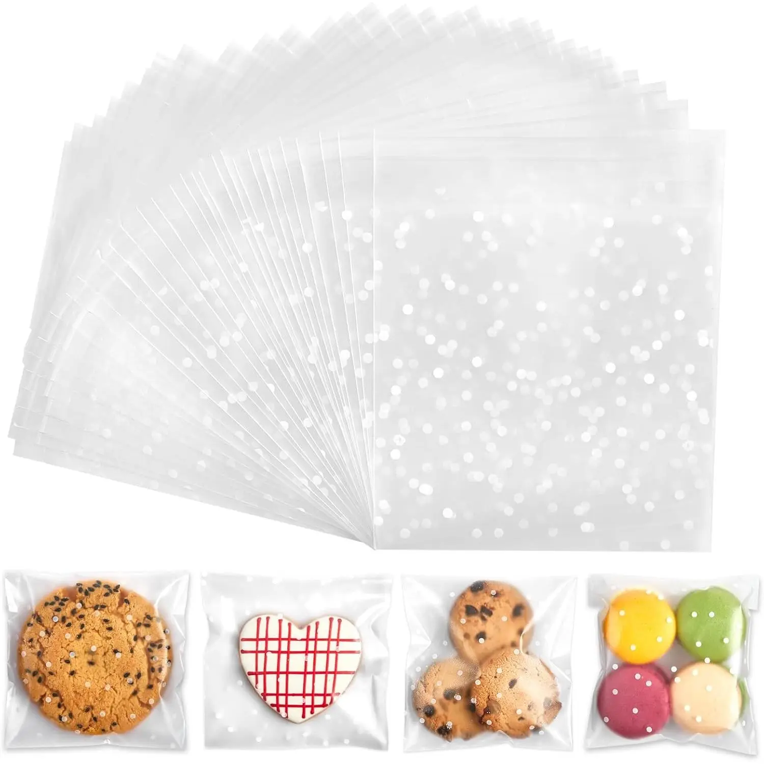 300 Self Adhesive Cookie Bags, 4 x 4 Inches White Polka Dot Cellophane  Bags for Packaging,  Giving