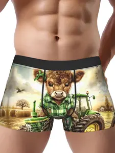 BIIHUDU Men'S Highland Cattle Tractor Underwear - Scottish Highland Cow & Tractor Print Boxer Briefs, Medium Stretch, Farm-Themed Novelty Boxer Briefs for, Farmers & Cow Lovers (hand Wash/dry Clean), Cow Underwear, Playful Design, Comfortable Fit