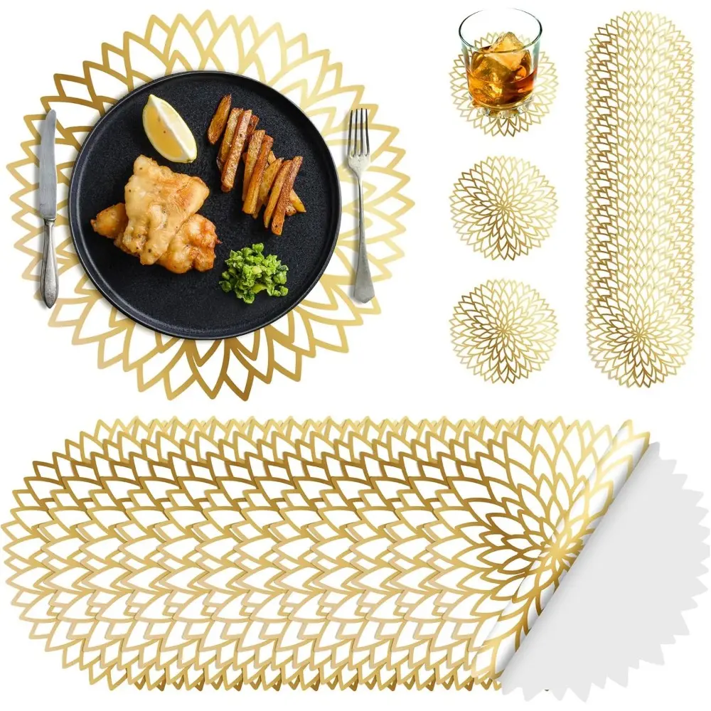 200-Piece Gold Round Disposable Paper Placemats & Coasters Set (4.4 Inches Diameter, Cute Size) – Hawaiian Luau Tableware for Summer Greenery Jungle Decor, Retirement, Business Offices, Indoor-Outdoor Events