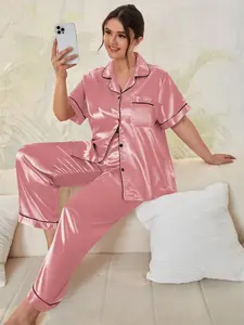 Plus Size Collared Button Front Satin Pyjama Set, Short Sleeve Pocket Top & Trousers PJ Set, Women's Two-Piece Sleepwear Set for Summer