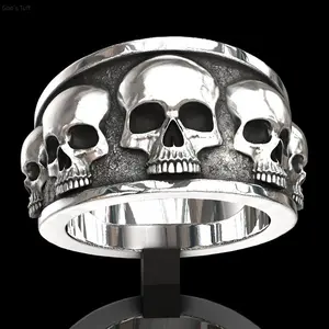Men's Gothic Punk Finger Ring - Sturdy Metal Band with Exaggerated Vintage Skull Sculpture, Trendy Western Costume Jewelry Accessory for Biker Rock Gatherings & Daily Male Matching