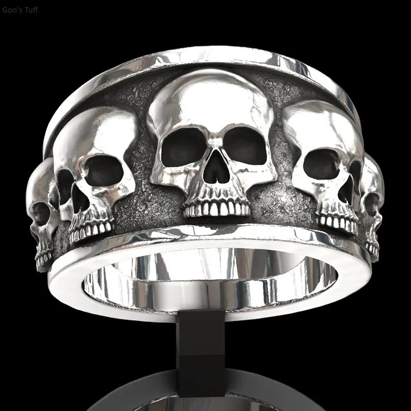 Men's Gothic Punk Finger Ring - Sturdy Metal Band with Exaggerated Vintage Skull Sculpture, Trendy Western Costume Jewelry Accessory for Biker Rock Gatherings & Daily Male Matching