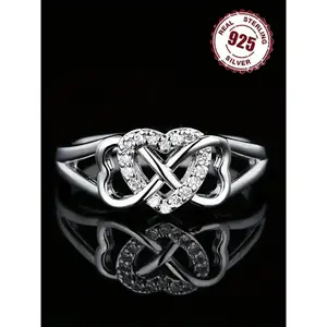 S925 Sterling Silver Heart Shaped Infinity Design Ring, Sparkling Artificial Gemstone Decor Engagement Ring, Fashion Wedding Rings for Women