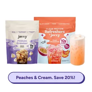 Javvy Peaches & Cream TikTok Exclusive Bundle - Peach Passionfruit Clear Protein Refresher + Sweet Cream Protein Creamer - 10g + 11g Protein, 45mg Caffeine, 0g Sugar, Fiber, Electrolytes & MCTs, Naturally Flavored, Just Add Water
