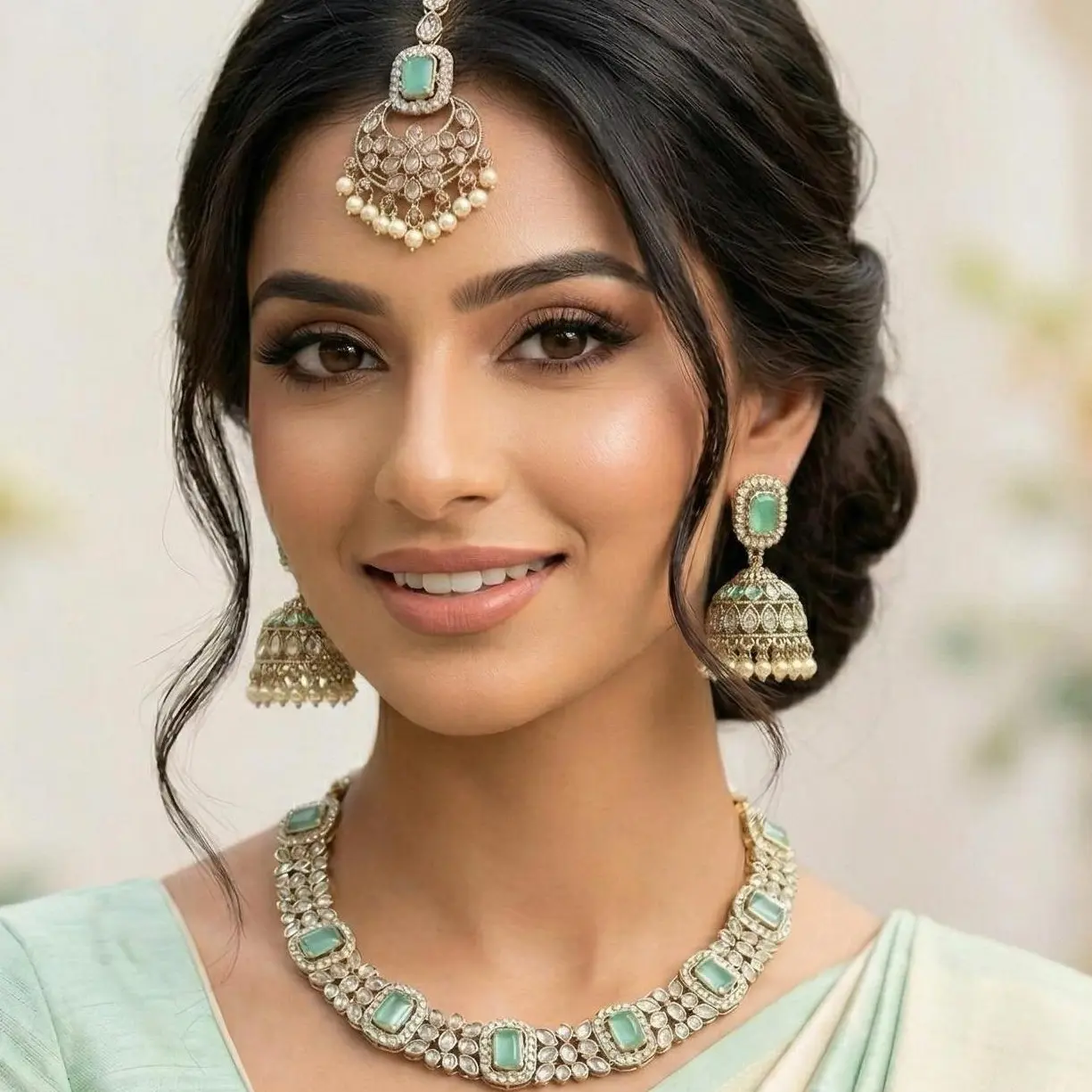 Suhani Polki Bollywood 3-Pieces Lightweight Jewelry Set - Necklace, Earring Set, Maang Tikka with Bead Accents and Rhinestones for Weddings