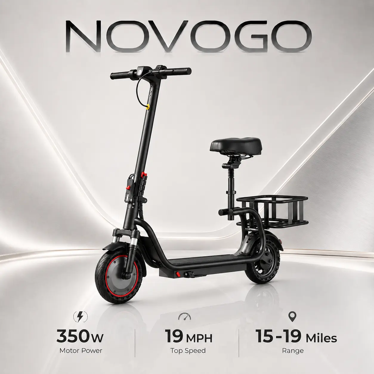Electric Scooter with Seat & Rear Basket for Adults, 350W Motor, 19 MPH Top Speed, 15-19 Miles Range, 8.5" Solid Tires, Foldable Commuter E Scooter for City Ride, Campus, Grocery & Pet Travel