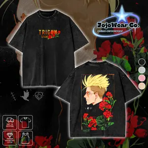 Vash the Stampede Red Geraniums Graphic T-shirt Trigun Stampede Stargaze Hoodie Crewneck Sweatshirt Tank Top Oversized Streetwear 100% Premium Cotton Fabric Tee Unisex Vintage Double Printed Washed Top Gift For Trigun Anime Manga Fan Menswear Apparel