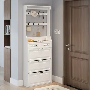 Narrow White MDF Shoe Cabinet with 3 Flip Doors and 2 Drawers Adjustable Layer Dust Proof Space Saving Freestanding Shoe Organizer Easy Assembly Multi Purpose Storage Cabinet for Entryway Hallway Bedroom