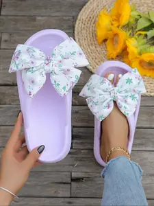 Women's Cute Bowknot Design Slides, Soft Slide Footwear, Casual Comfortable Home Slippers, Non-slip Soft Slippers for Indoor & Outdoor Wear, Walking Shoes