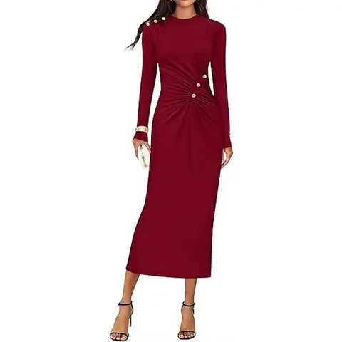 ZESICA Women's 2026 Fall Longsleeves Mock Neck Pull-On Stretch Ruched Knit Fitted Bodycon Midi Dress - Cold Wash, Chic Wedding Guest Dress for Wedding Guest, Formal Cocktail Party Wear