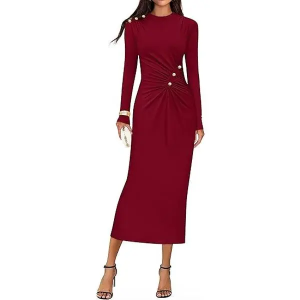 long sleeve midi graduation dresses A-Line Flowy Long Sleeve Tie V Neck Pleated Midi Dress, Dark Green / XS main image 1