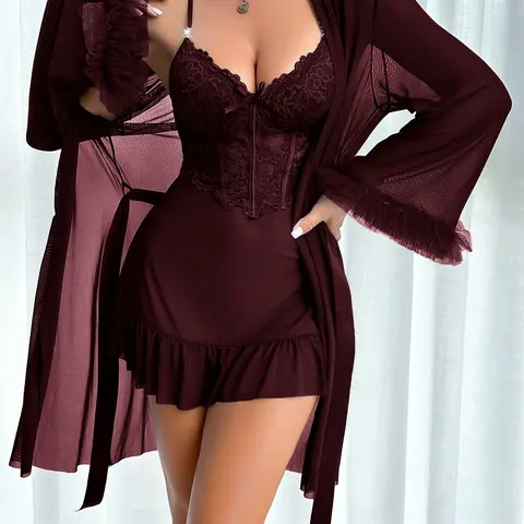 Women's 2-Piece Soft Comfortable Fishbone Corset Nightwear Set - Lace Cami Night Gown for Women with Cut-Out Front, Wide-Sleeve Sheer Mesh Robe with Cap Detail, High-Stretch Lace Hugs Stretch Fit Loungewear