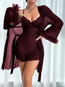2pcs Set Fishbone Style Waist Lace Cami Nightgown with Wide Sleeve Mesh Robe