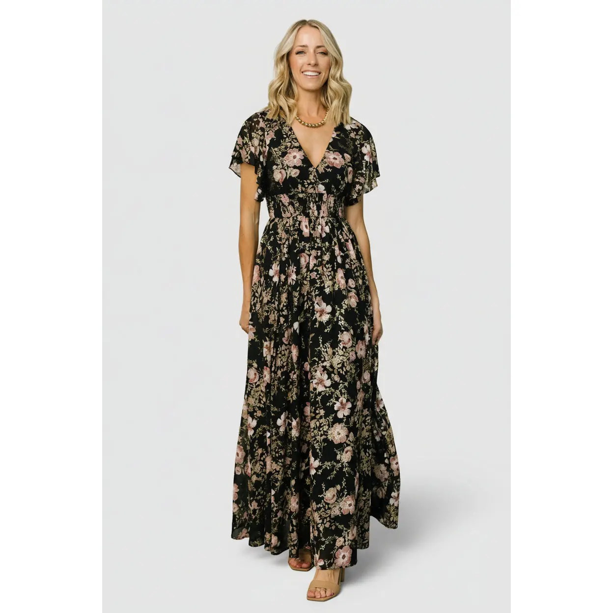 Women's Light Smocked Metallic Polyester Maxi Dress - Short-Sleeve, Feminine Fabric, Black/Mauve, Pregnancy Evening Casual Dress