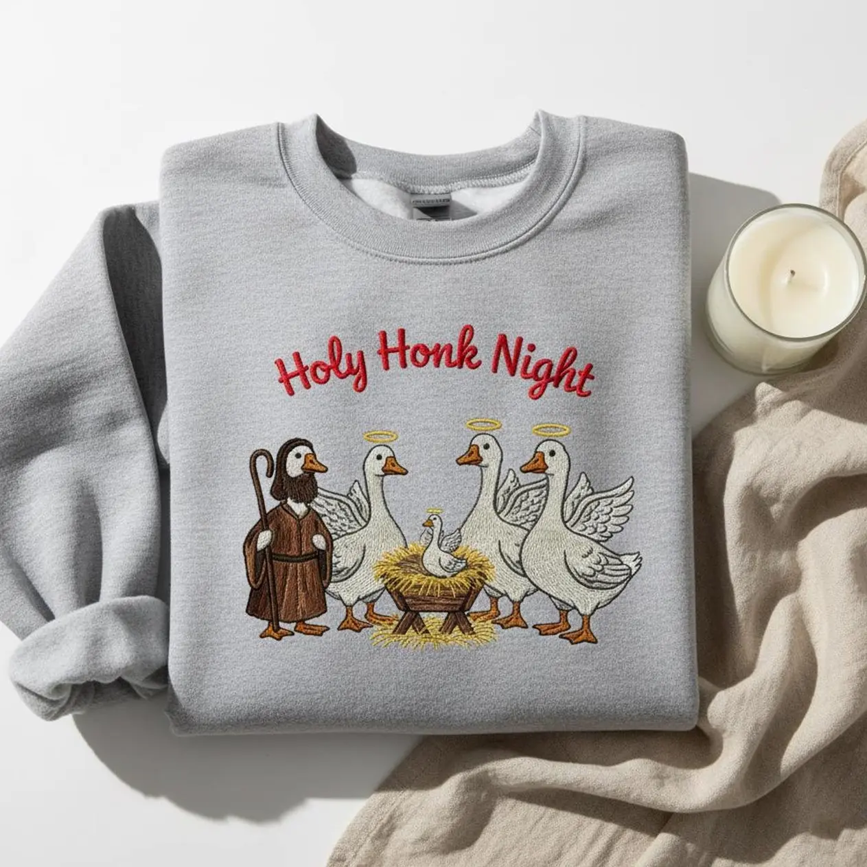 Embroidered Holy Honk Night Sweatshirt, Funny Christmas Nativity Goose Shirt, Religious Humor Hoodie, Xmas Bird Shepherd Sweater ZT6