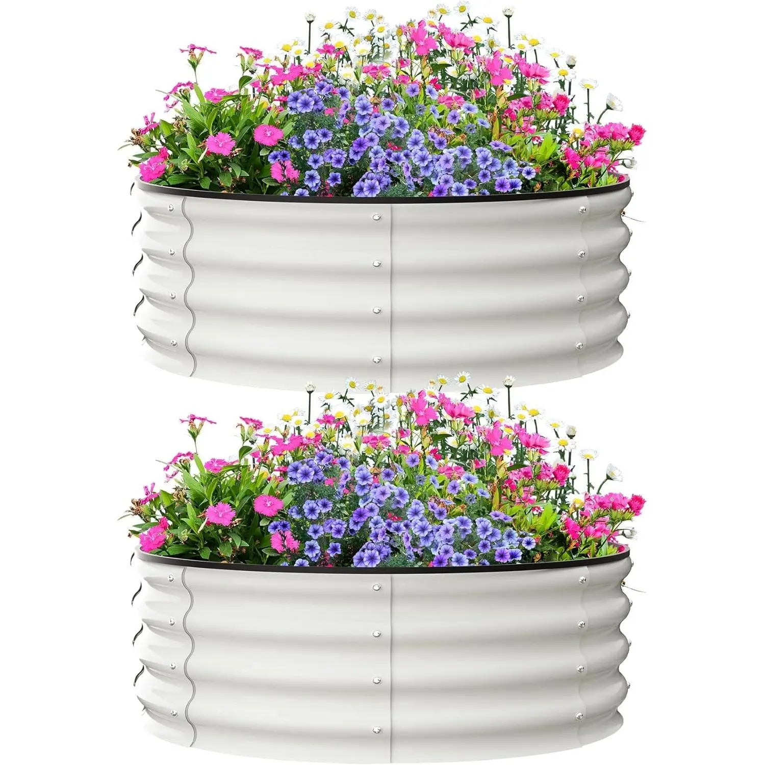 Garvee Galvanized Raised Garden Bed, 2-Pack Round Outdoor Planter with Gloves & Rubber Edge Trim, for Vegetables, Flowers & Herbs, 3x3x1 FT, White