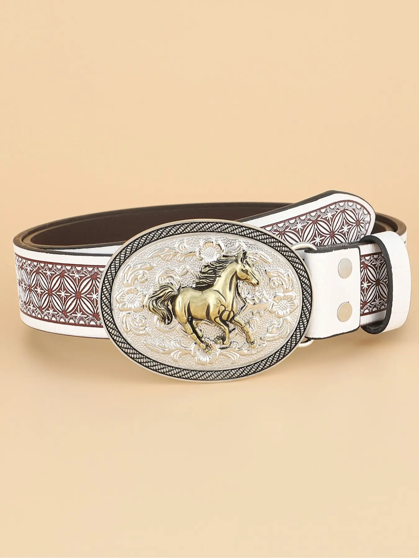 Western-Cowboy-Pu Leather-Belts for Men Gold-Oval-Buckle Embossed Horse Belt for Jeans Pants Fit for 43"-51" Western Concho Belts Cowboy Waist Belt