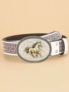 Western-Cowboy-Pu Leather-Belts for Men Gold-Oval-Buckle Embossed Horse Belt for Jeans Pants Fit for 43"-51" Western Concho Belts