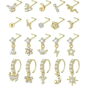 20Pcs 20G Surgical Steel Dangle Nose Rings for Women L Shaped Dangling Nose Rings Studs Hoops Stainless Steel Flower Butterfly Moon Dangle Nose Piercing Jewelry(Gold/Silver Color)