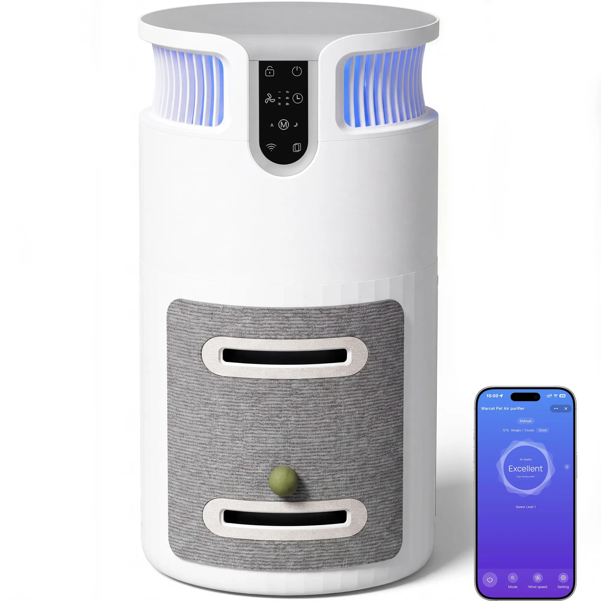 Alifuraha 2-in-1 Pet Air Purifier & Cat Scratcher, Auto Sensing Real-Time Air Quality Monitor, HEPA Filter for Fur Capture & Odor Control, Active Fur Suction Zone, 320   M³/H   CADR, Allergy Relief for Better Breathing