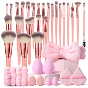 Pink Makeup Brushes Set 36Pcs, Professional Makeup Tool Set Includes 25Pcs Pink Brushes, Makeup Sponges, Makeup Puffs, Hairband, Wristbands, Foundation Make up Brushes Kit with Makeup Accessories for Normal Skin