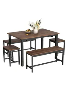 Gaomon 63-Inch 5-Piece Extendable Table Set, Farmhouse Modern Space Saver Indoor Dining Furniture with 2 Benches & 2 Stools, Accommodates 4 to 8 People for Kitchen or Dining Room