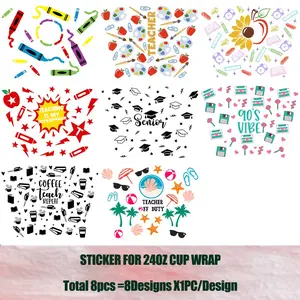 8 Sheets Teacher Stationery Theme Waterproof Transfer Stickers, Crafting Cup Stickers for 24oz Cup Packaging, UV DTF Cup Decoration, Transparent Film Paper