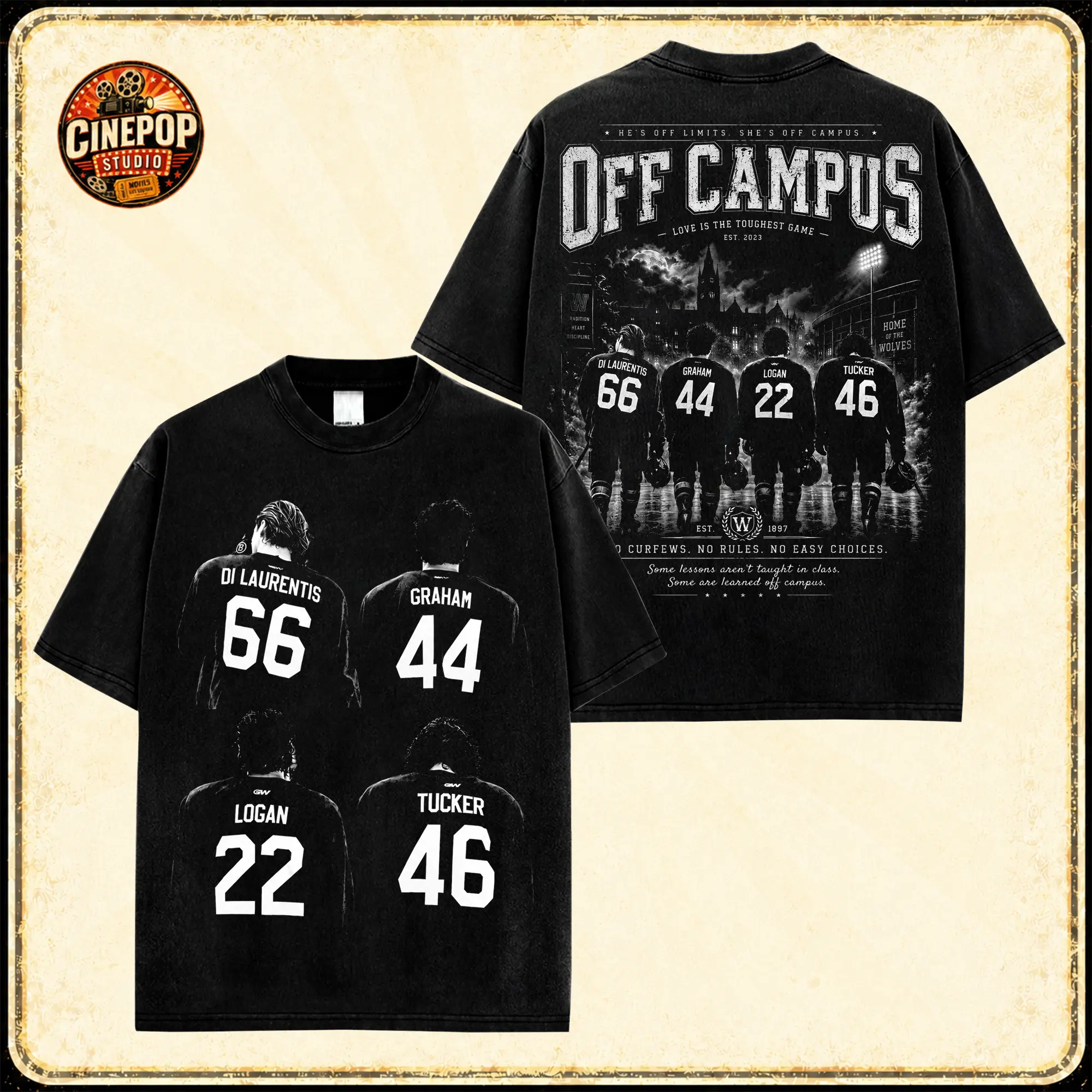 Off Campus Graphic T-Shirt, Made in USA, 100% Cotton, Briar University Romance Inspired Tee, Garrett Graham & Hannah Wells College Hockey Shirt, Teen Girl Fan Gift for BookTok Readers, Romance Fans and Young Adult Lovers