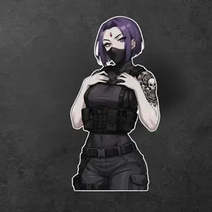 Tactical Raven Waifu Sticker, Black Ops Girl, Anime Raven Soldier Aesthetic, Decal For Laptop Phone Car