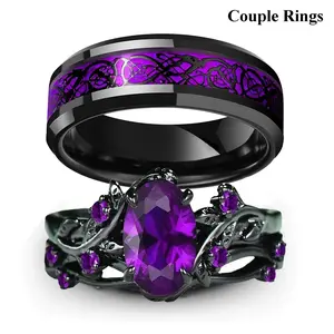 Charm Couple Rings Romantic Women Purple Rhinestones CZ Rings Set Trendy Men Stainless Steel Celtic Dragon Rings Wedding Jewelry