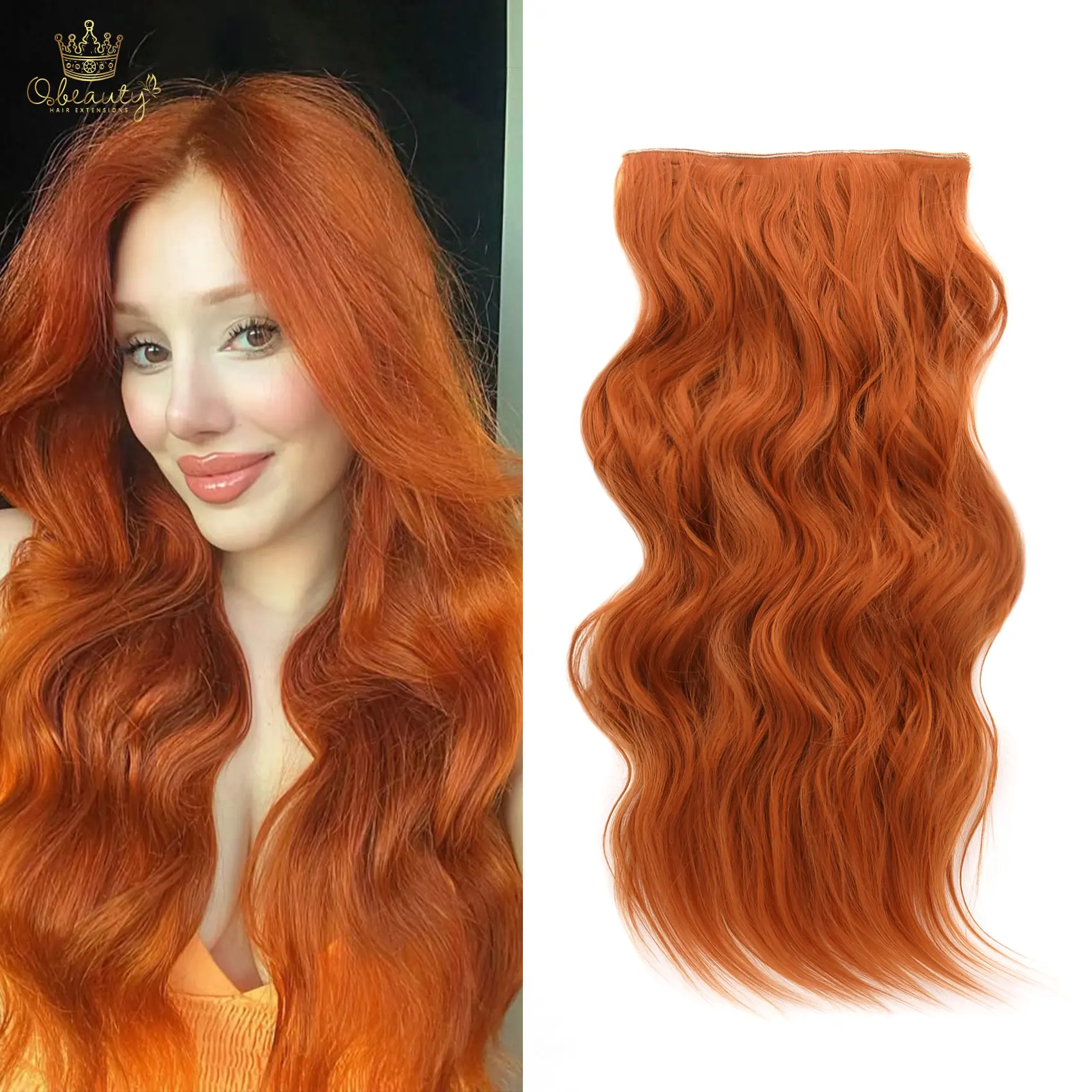 Qbeauty Women's Copper Red Clip-in Synthetic Hair Extensions, 4PCS Thick Long Wavy Double Weft Natural Hairpieces