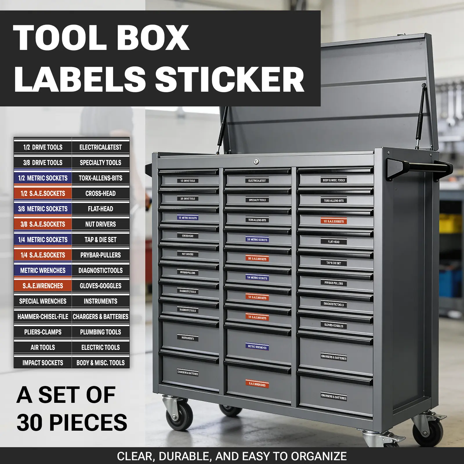 30 Pcs Tool Box Labels Stickers, Durable Multi-Functional Waterproof Scratch Resistant, Organize Work Space, Organize Tools, Improve Efficiency, PVC Waterproof Stickers