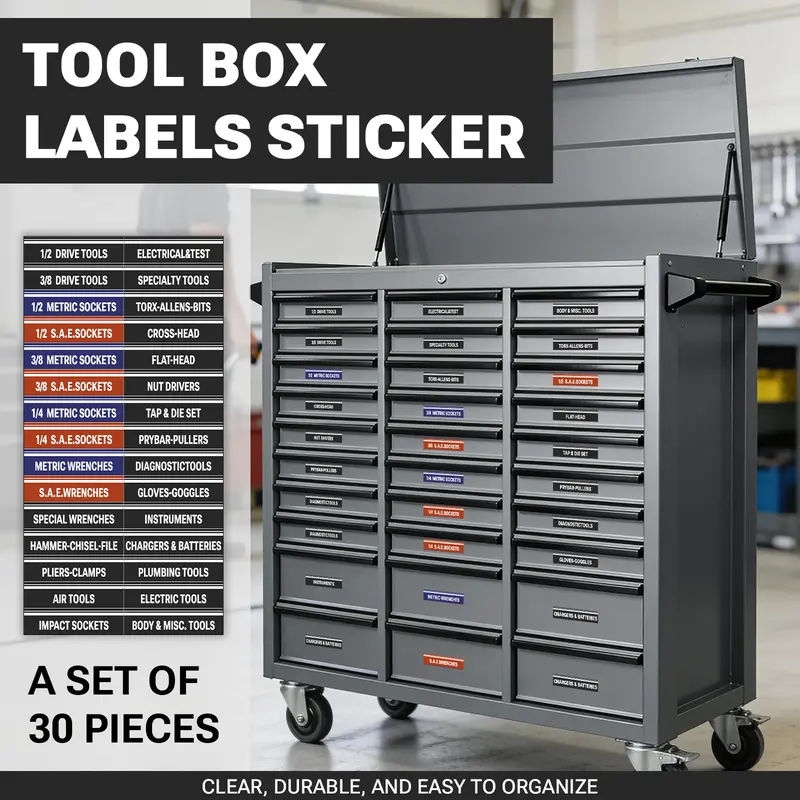 30 Pcs Tool Box Labels Stickers, Durable Multi-Functional Waterproof Scratch Resistant, Organize Work Space, Organize Tools, Improve Efficiency, PVC Waterproof Stickers