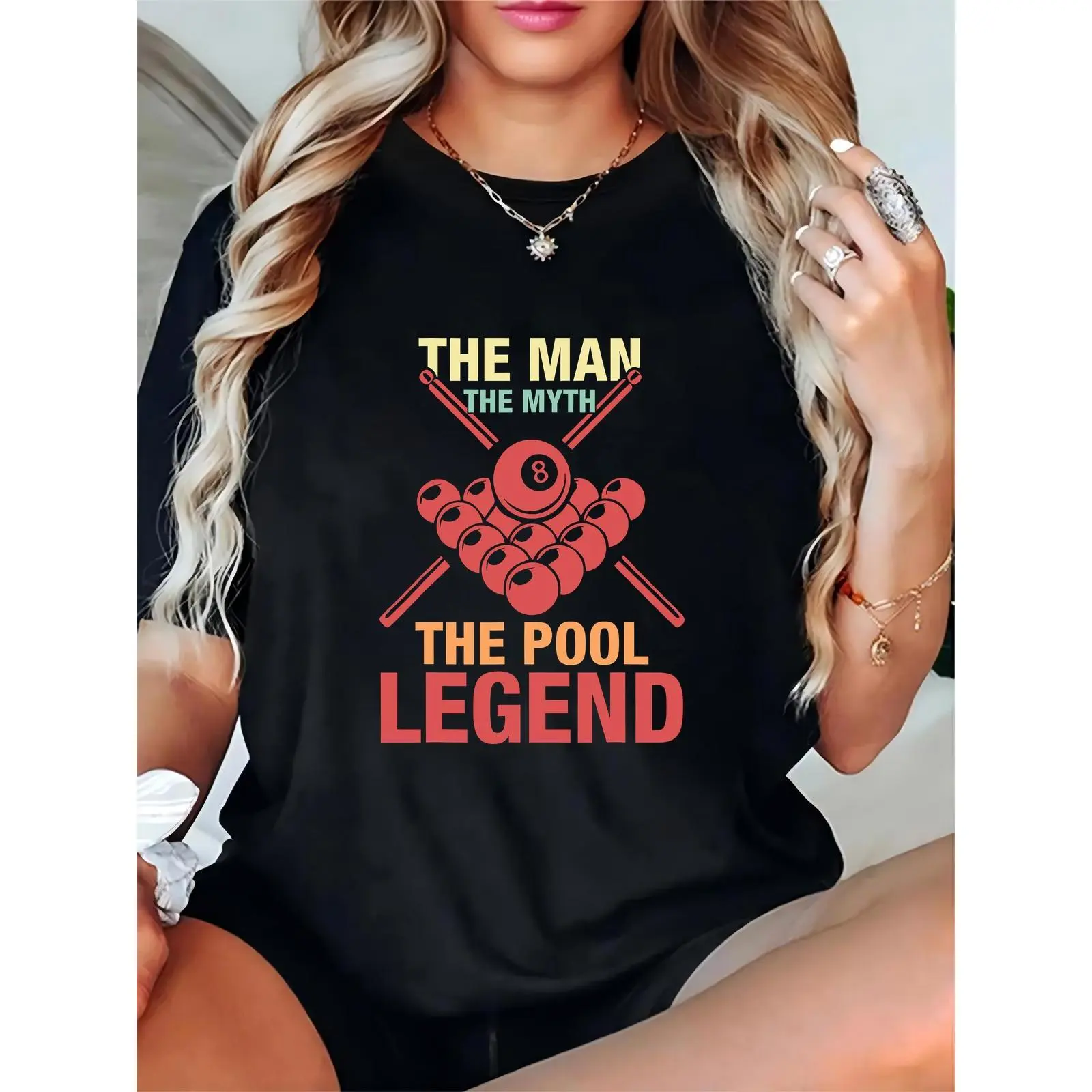 Unisex Black T - Shirt with Billiards 8 Ball, Pool Cues & "The Man The Myth The Pool Legend" Graphic | Ideal for Pool Enthusiasts, Father’s Day, Casual Wear & Billiard Game Nights
