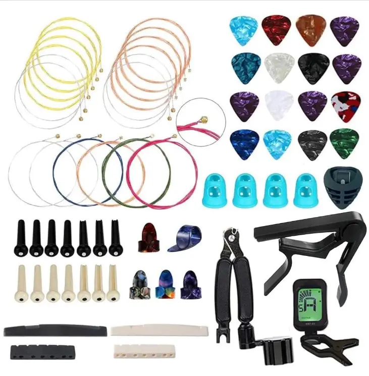 66PCS Guitar Accessories Kit, Acoustic Changing Tool, Including Guitar Acoustic Strings, Picks, Capo, String Winder&Cutter, Tuner, Bones, for Players and Beginners
